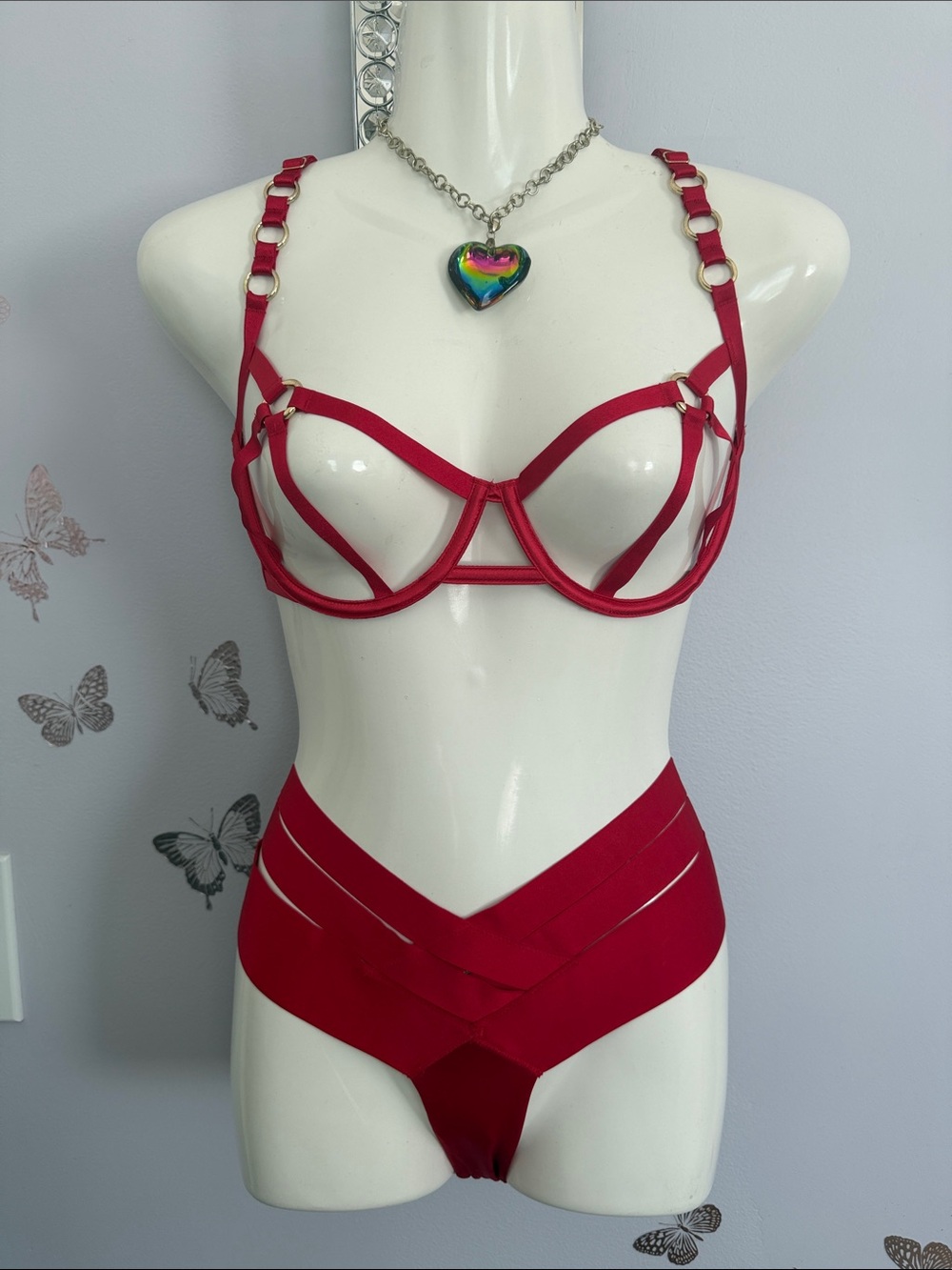 VS Sexy Red Strappy Underwire Bra & Thong Set